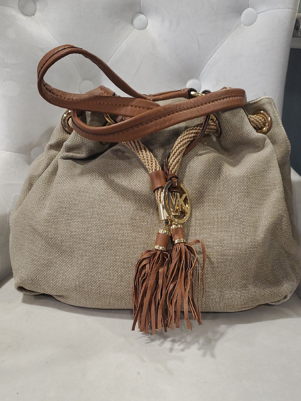 Michael Kors Tan Canvas Drawstring Shoulder Bag with Brown Leather Trim